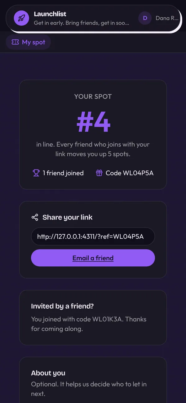 Waitlist with referrals on a phone
