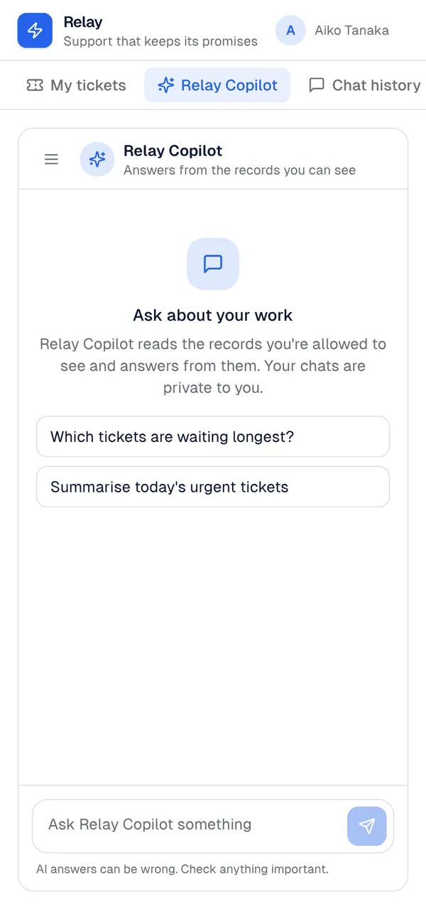 AI chat panel: the Relay Copilot page, added to Relay, on a phone