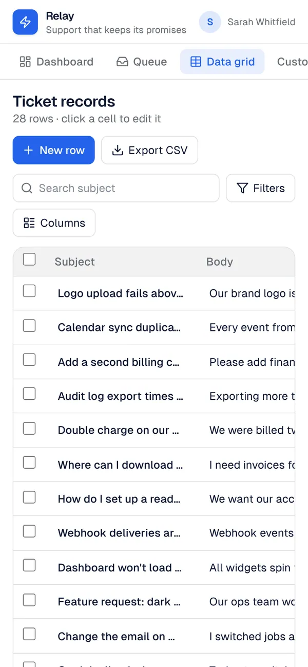 Data grid: the Data grid page, added to Relay, on a phone