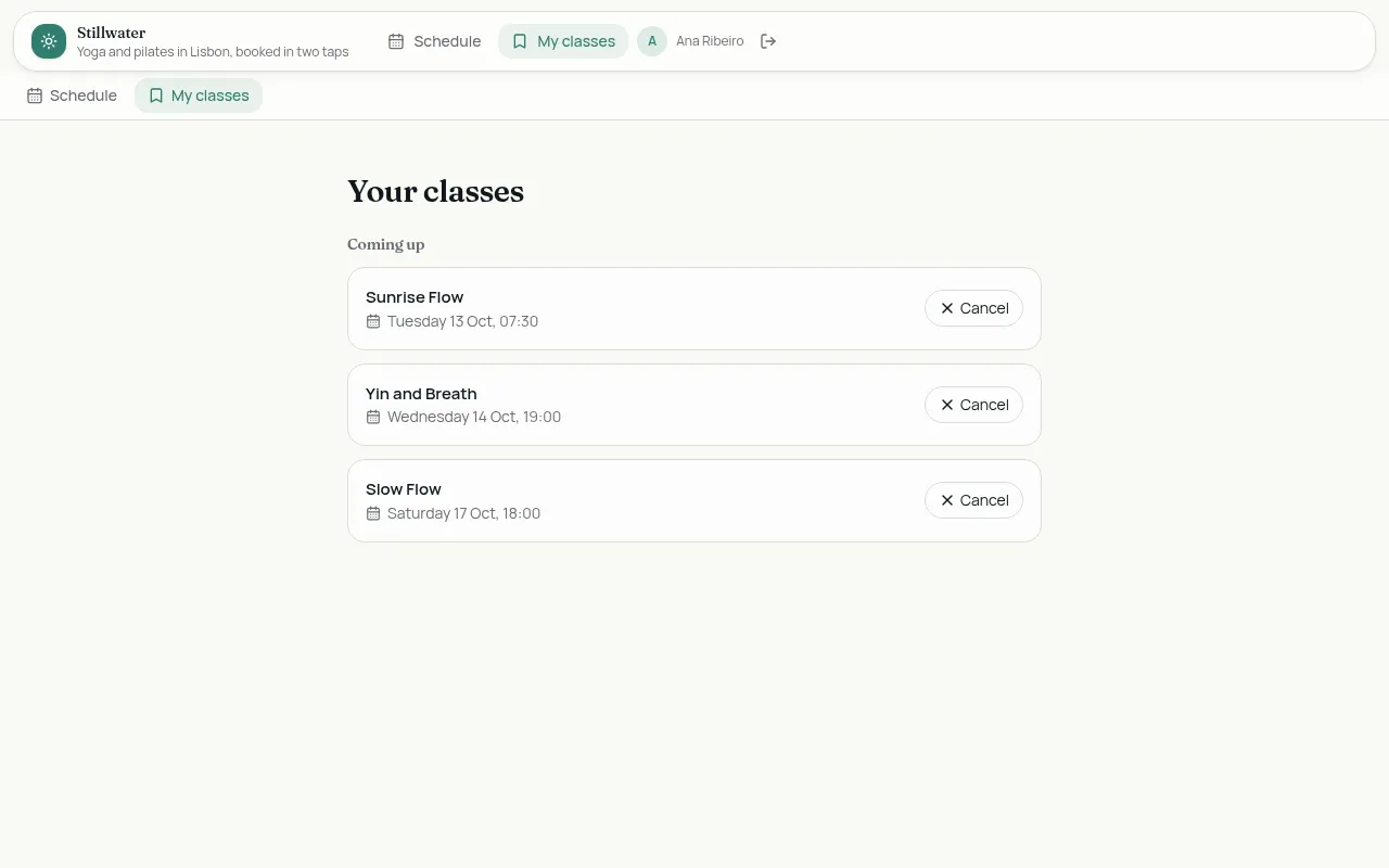 Your classes: three upcoming classes, each with a Cancel button