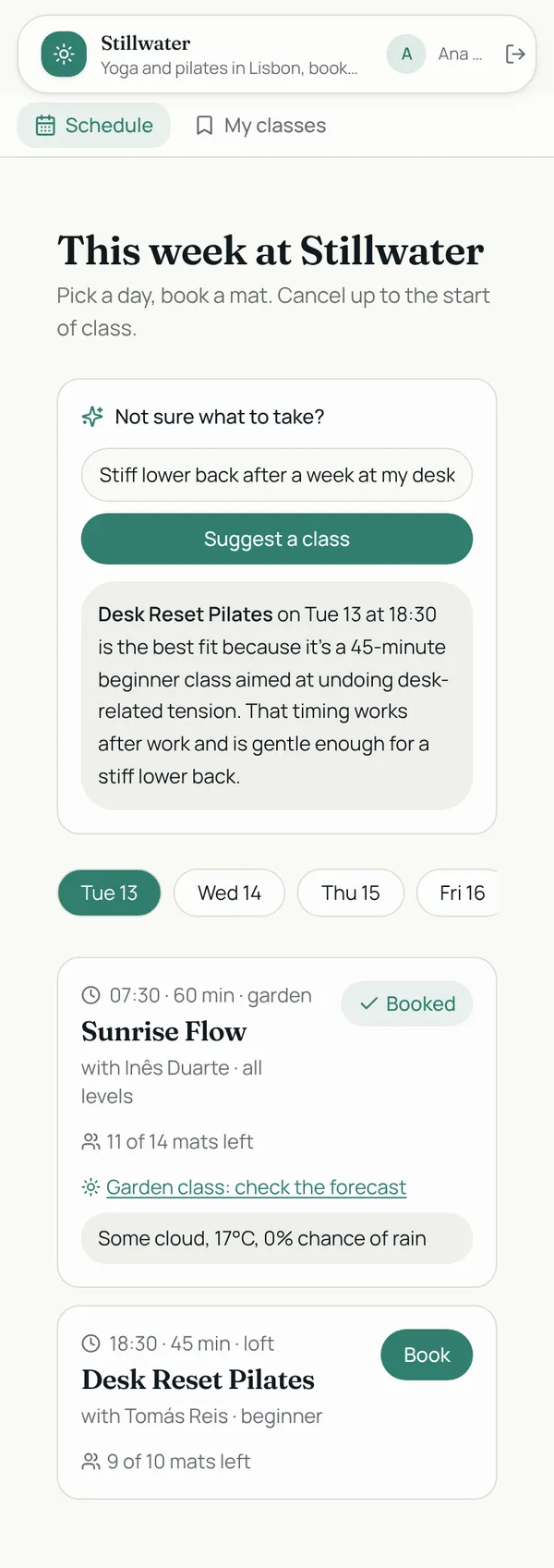 The member schedule on a phone: AI suggestion, day chips, and two classes