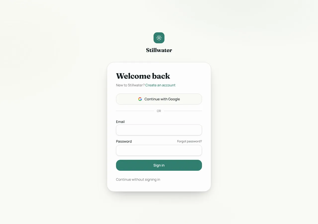 Stillwater sign-in screen with Continue with Google, email and password fields, and a Sign in button in the brand green