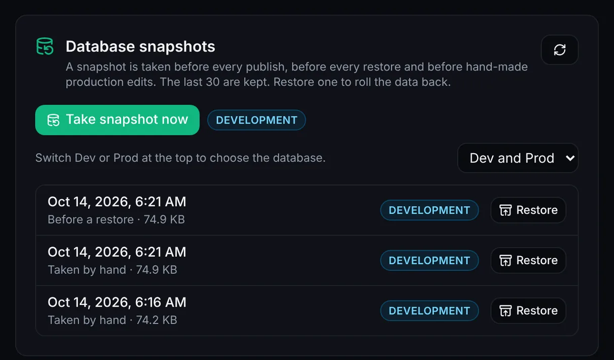 Database snapshots in the Backups tab: one taken before a restore and two taken by hand, each with a Restore button