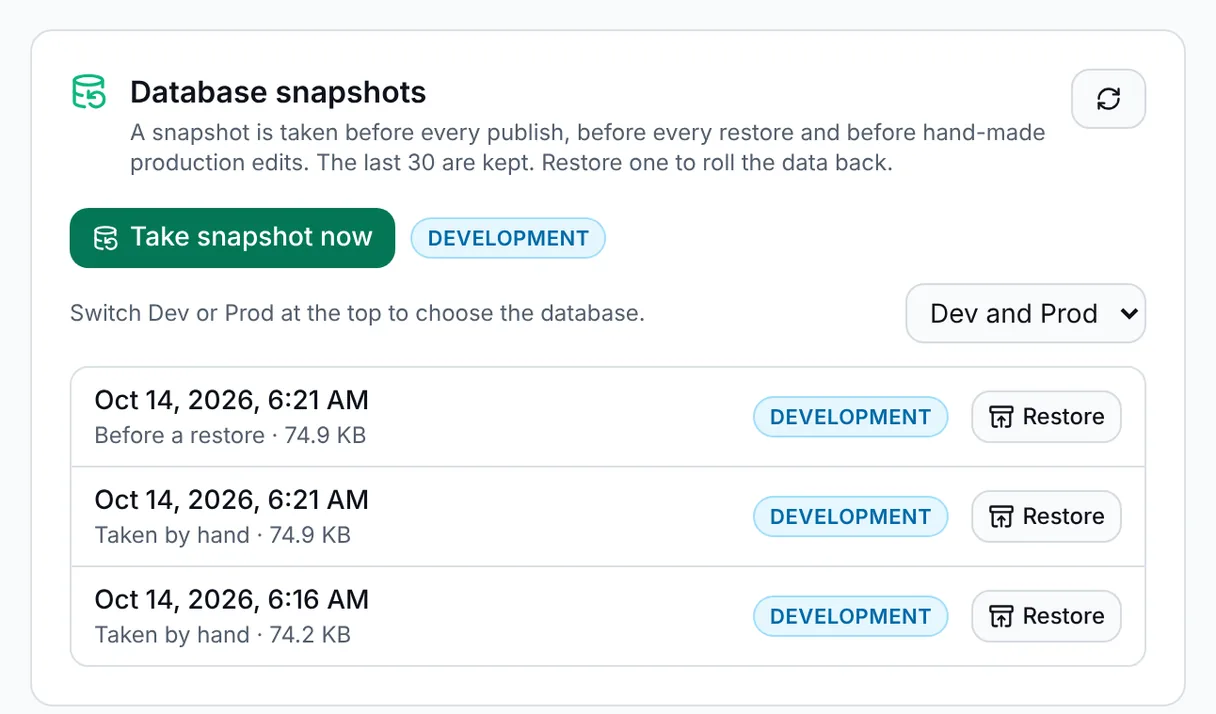 Database snapshots in the Backups tab: one taken before a restore and two taken by hand, each with a Restore button