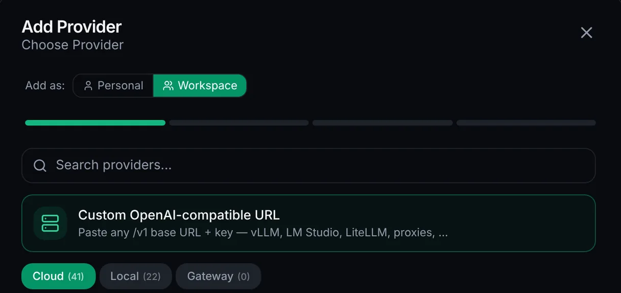 AI settings, Add Provider: add a model key for yourself or the whole workspace, from 41 cloud providers, 22 local ones or any OpenAI-compatible URL