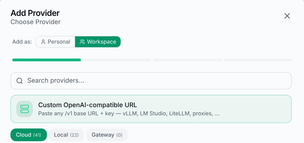 AI settings, Add Provider: add a model key for yourself or the whole workspace, from 41 cloud providers, 22 local ones or any OpenAI-compatible URL