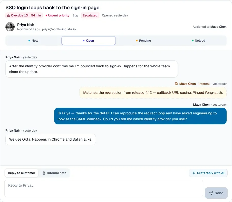 Relay, a help desk built on Appbricx: a customer's ticket thread with a Draft reply with AI button above the reply box