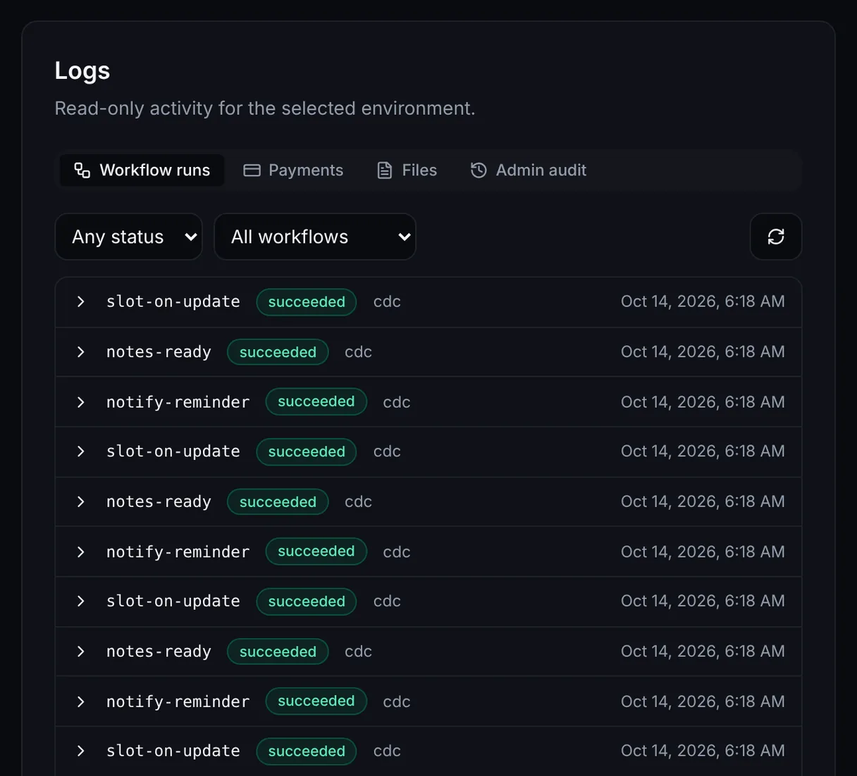 Workflow runs in the Logs tab: slot-on-update, notes-ready and notify-reminder runs, each succeeded
