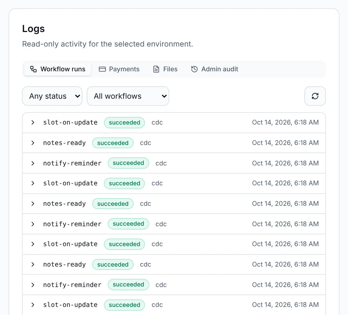 Workflow runs in the Logs tab: slot-on-update, notes-ready and notify-reminder runs, each succeeded