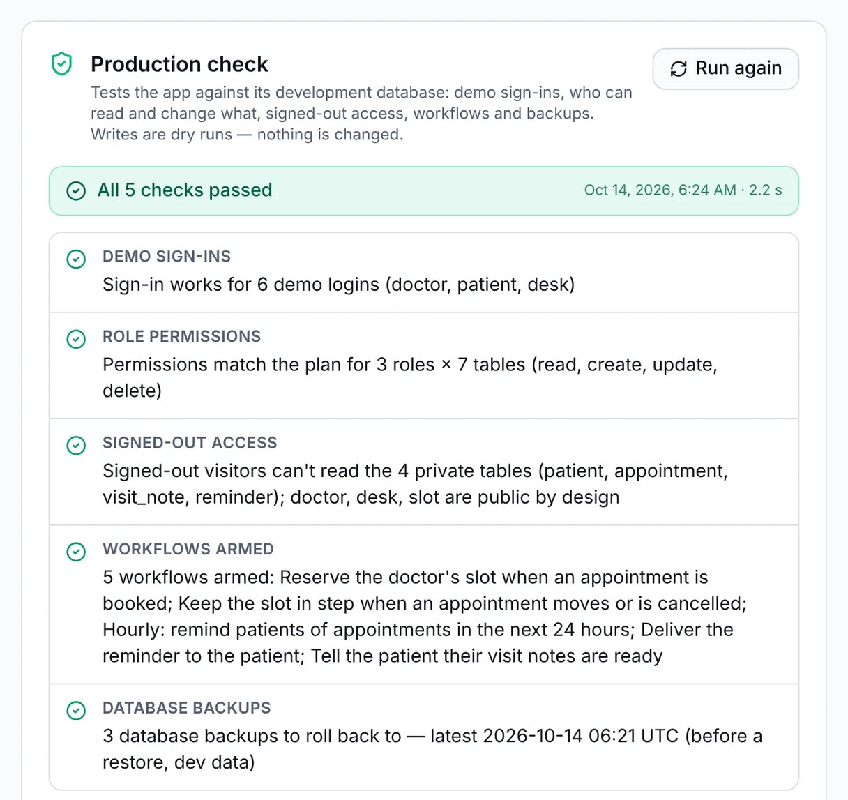 Production check: all five checks passed. Demo sign-ins, role permissions for 3 roles and 7 tables, signed-out access, workflows armed and database backups