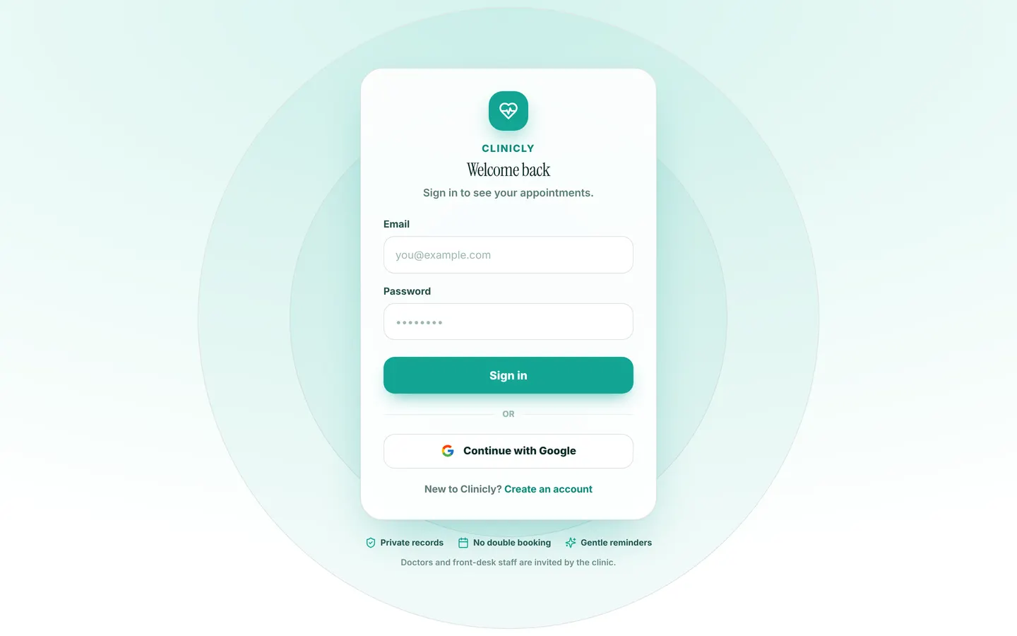 Clinicly, clinic appointments without double booking, sign-in screen