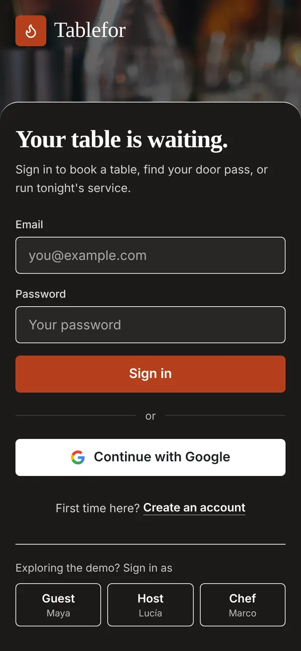 Tablefor's sign-in screen on a phone